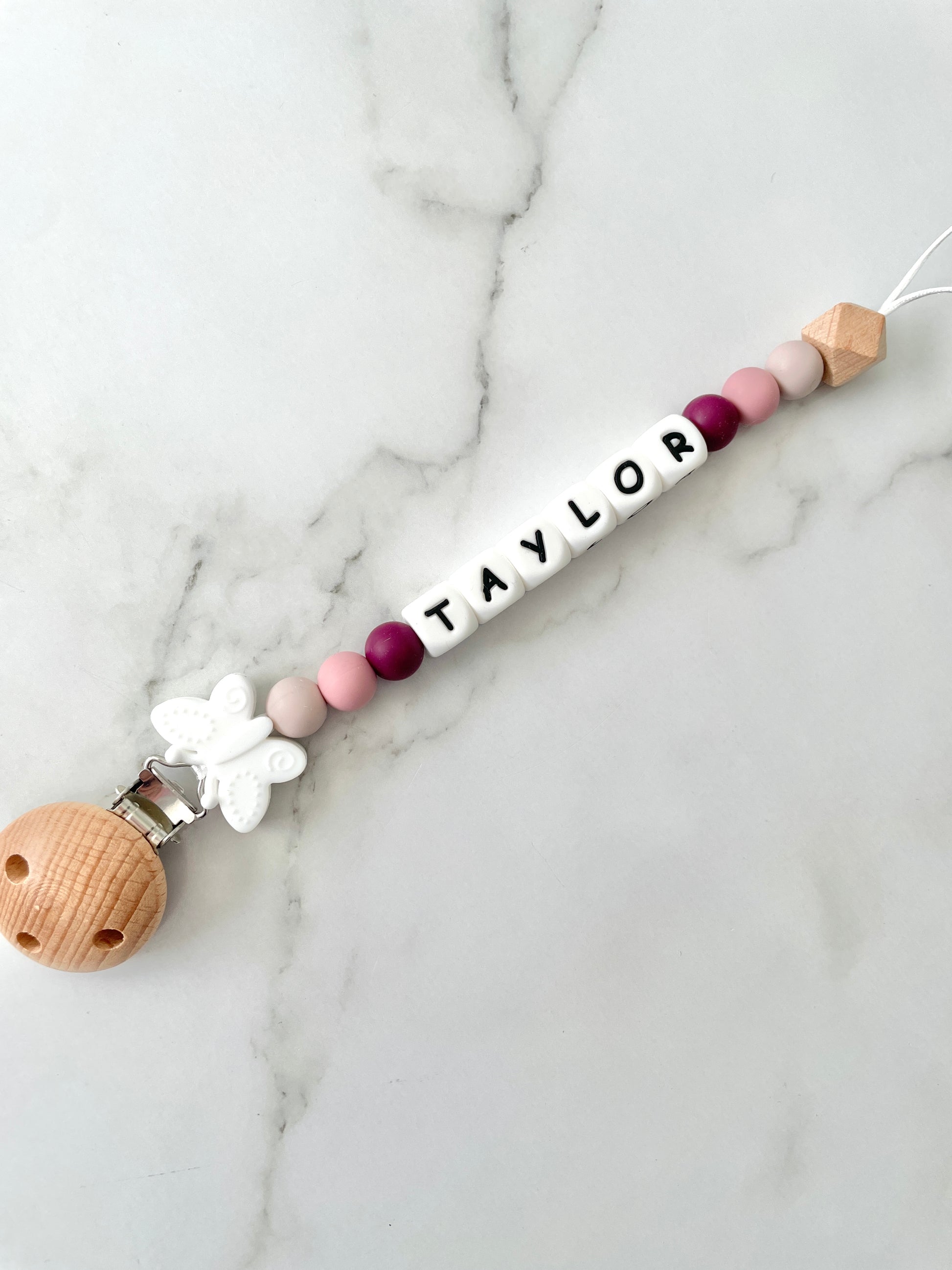 Personalised dummy chain, dummy clip, dummy holder, butterfly, Taylor design.