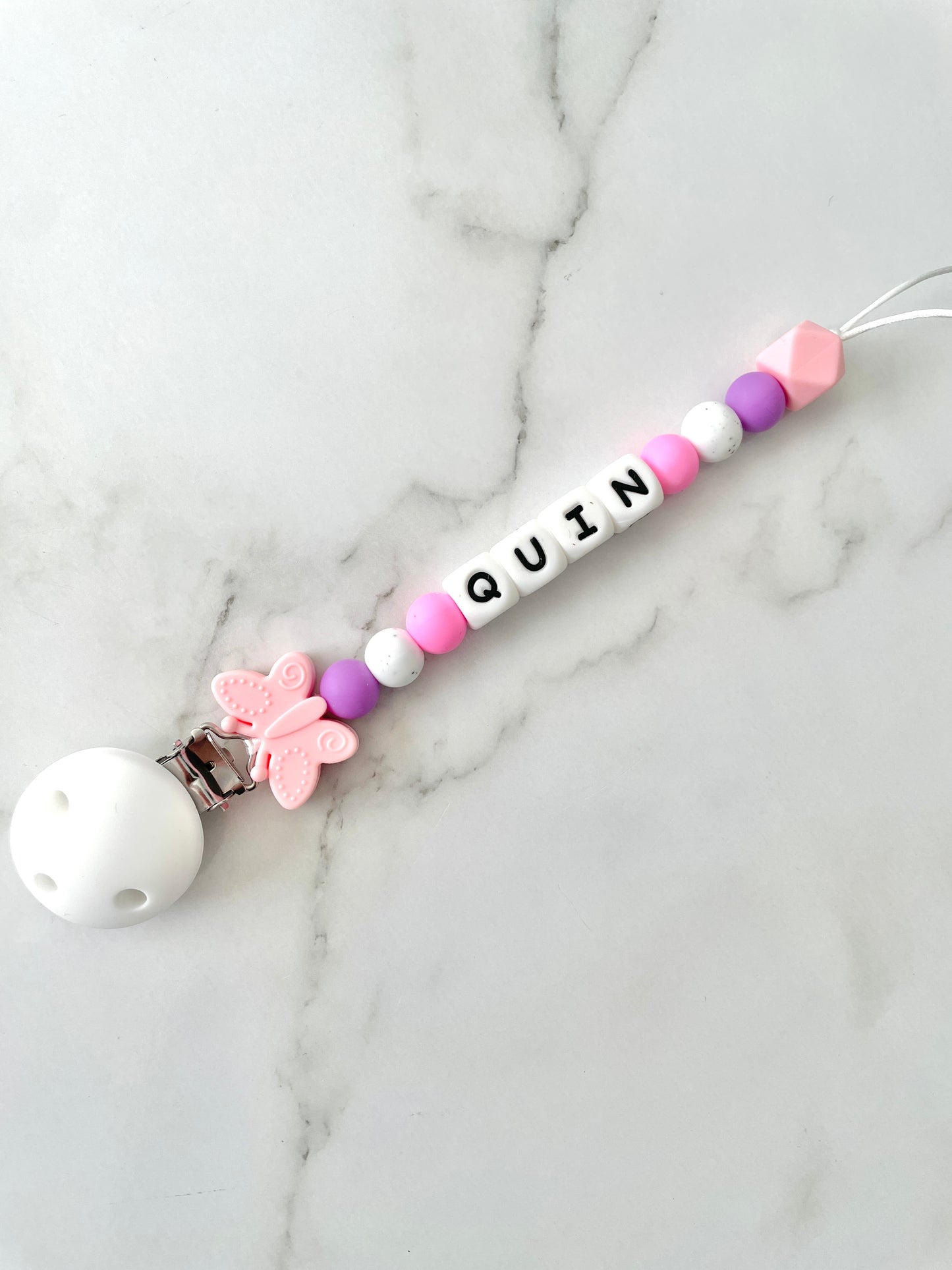 Personalised dummy chain, dummy clip, dummy holder, butterfly, Quin design.