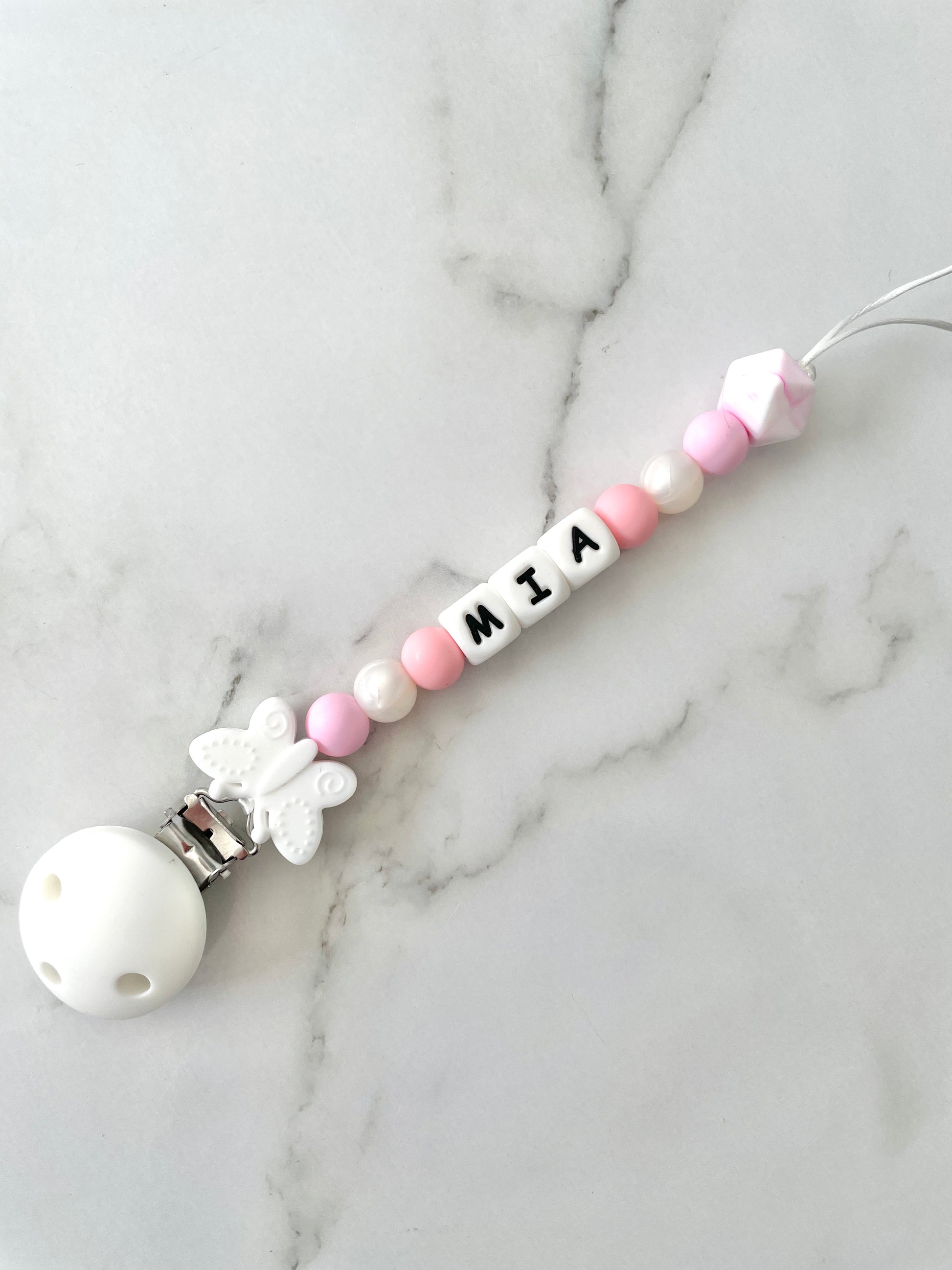 Personalised dummy chain, dummy clip, dummy holder, butterfly, Mia design.
