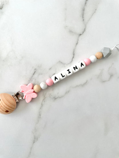 Personalised dummy chain, dummy clip, dummy holder, butterfly, Alina design.