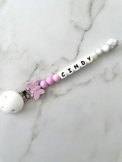 Personalised dummy chain, dummy clip, dummy holder, butterfly, Cindy design.