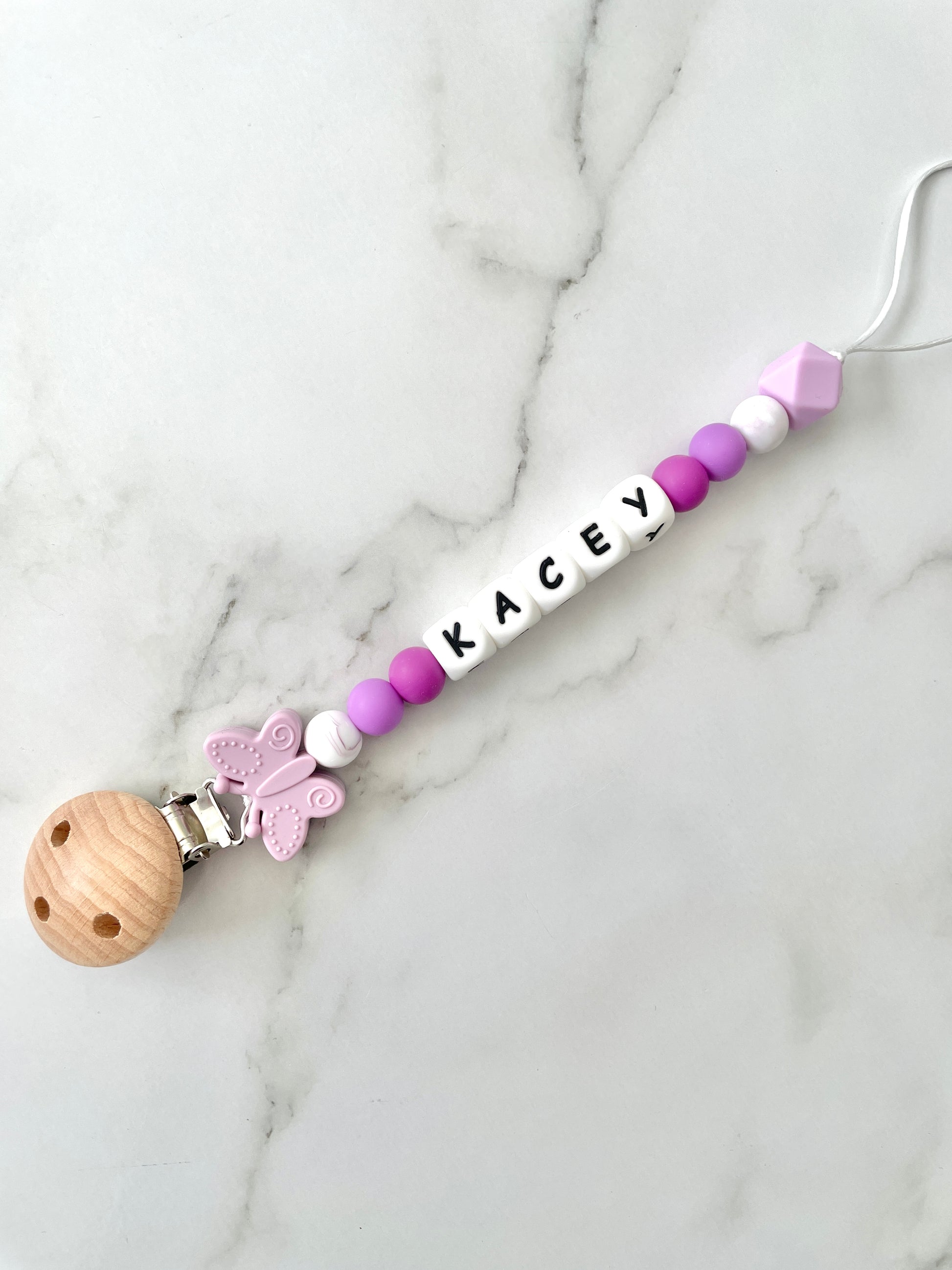 Personalised dummy chain, dummy clip, dummy holder, butterfly, Kacey design.