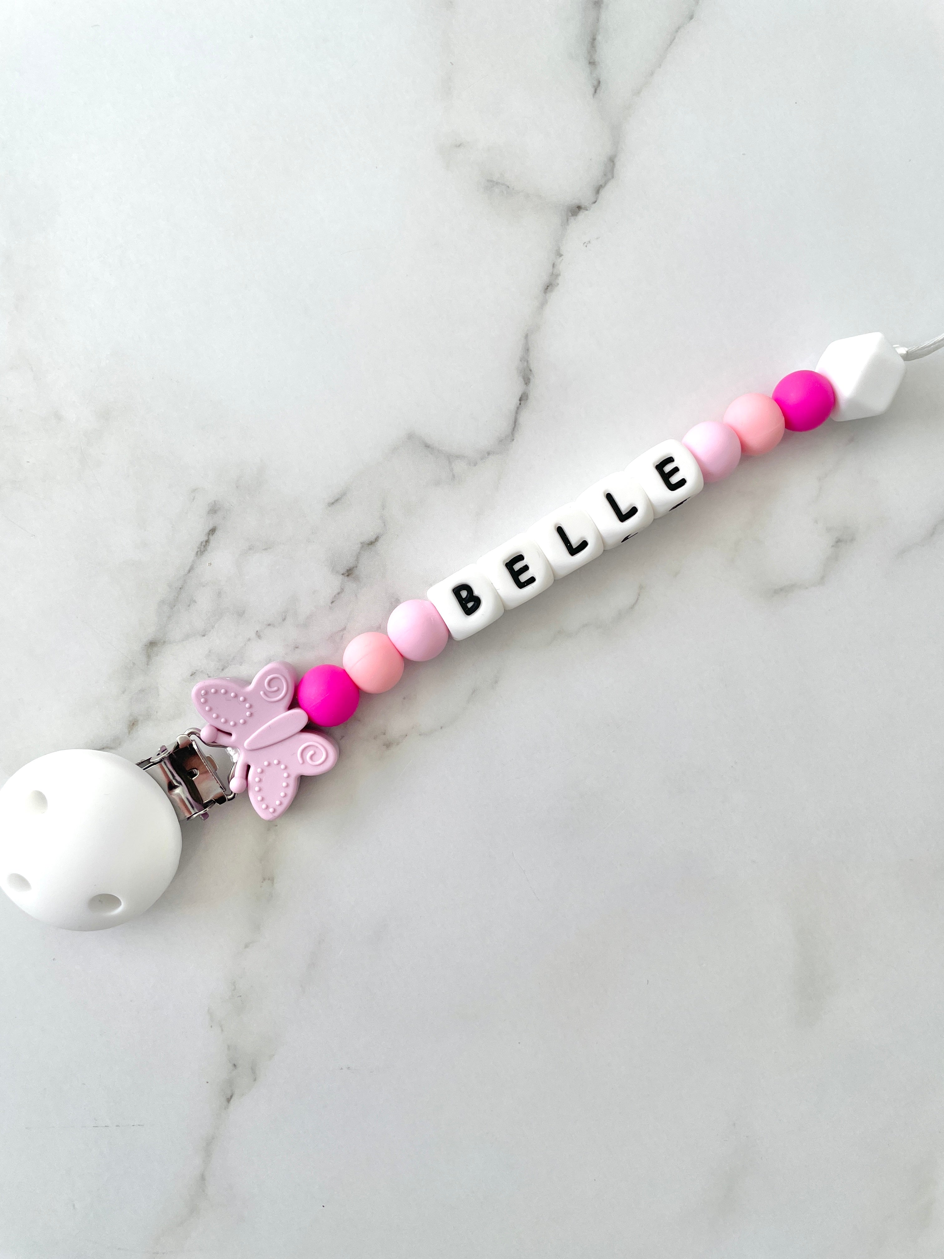 Personalised dummy chain, dummy clip, dummy holder, butterfly, Belle design.