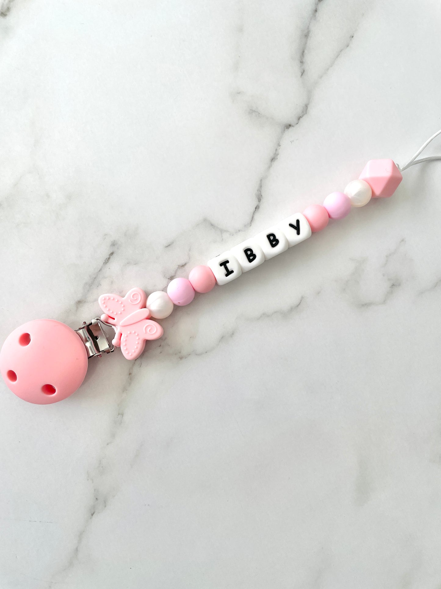 Personalised dummy chain, dummy clip, dummy holder, butterfly, Ibby design.