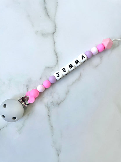 Personalised dummy chain, dummy clip, dummy holder, pink white minnie - Jemma design