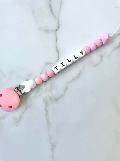 Personalised dummy chain, dummy clip, dummy holder, pink white minnie - Tilly design