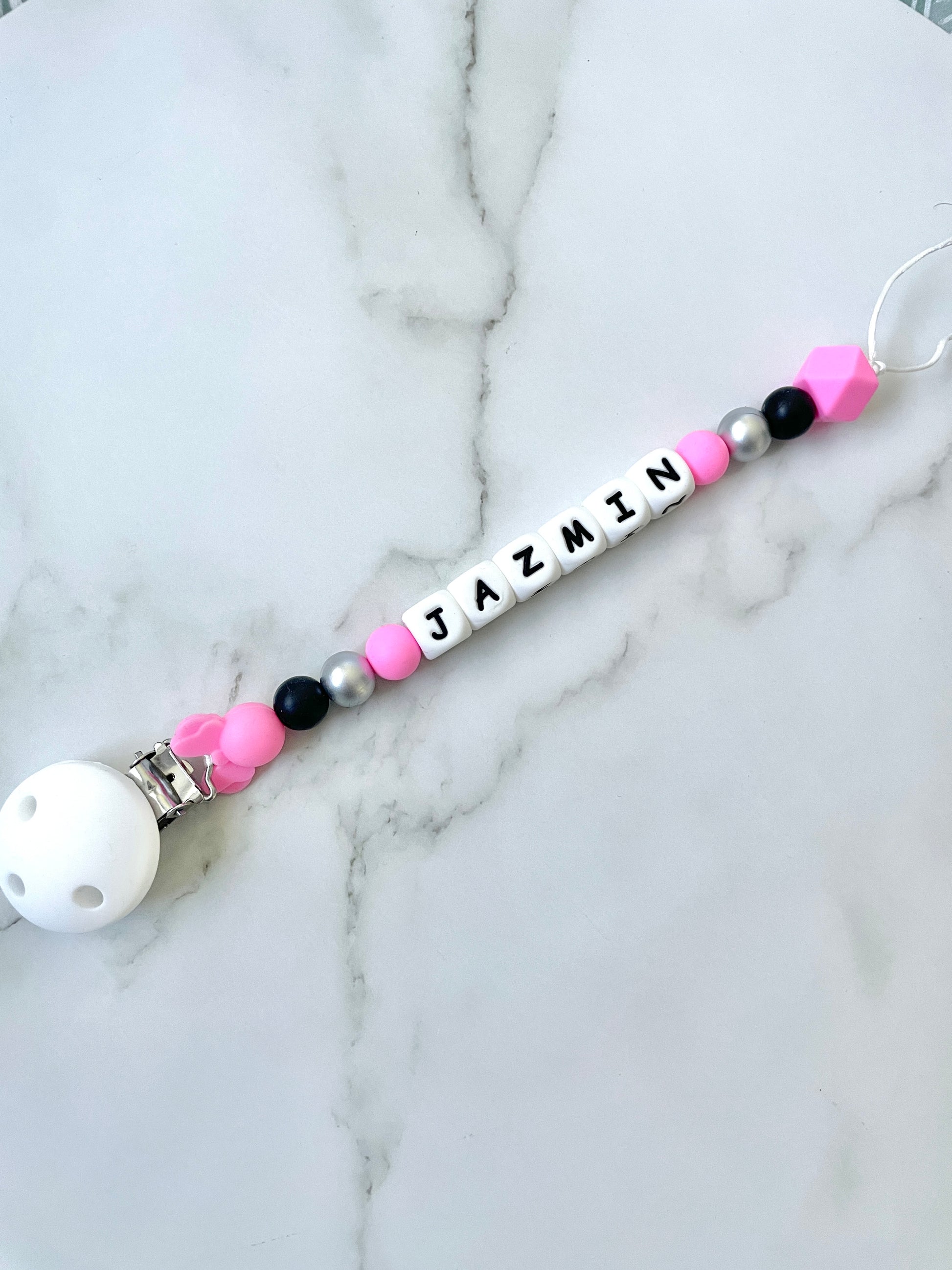 Personalised dummy chain, dummy clip, dummy holder, pink white minnie - Jazmin design