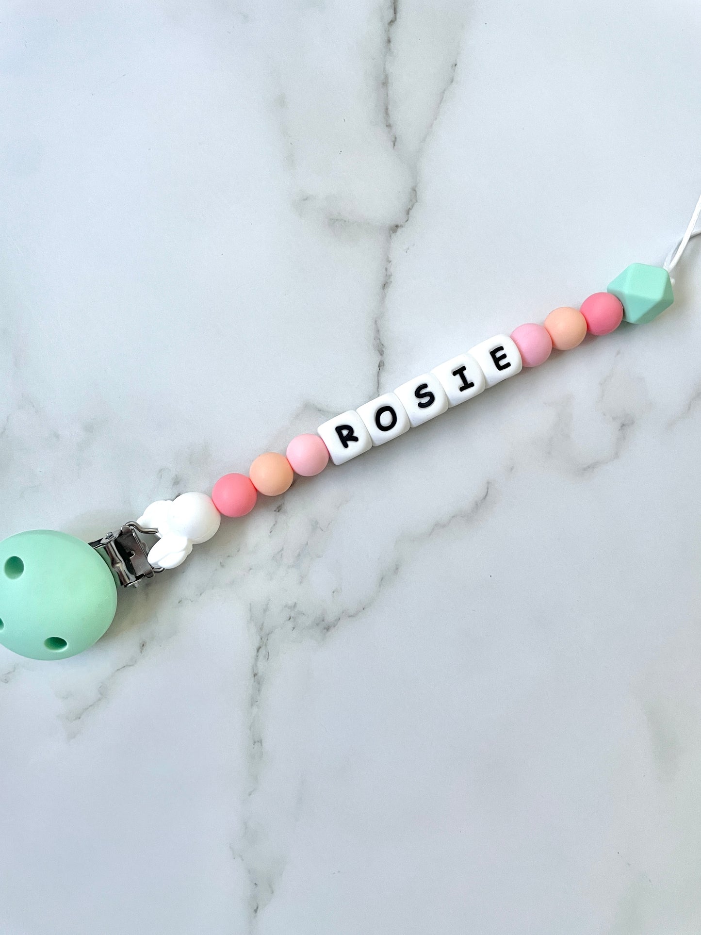 Personalised dummy chain, dummy clip, dummy holder, pink white minnie - Rosie design