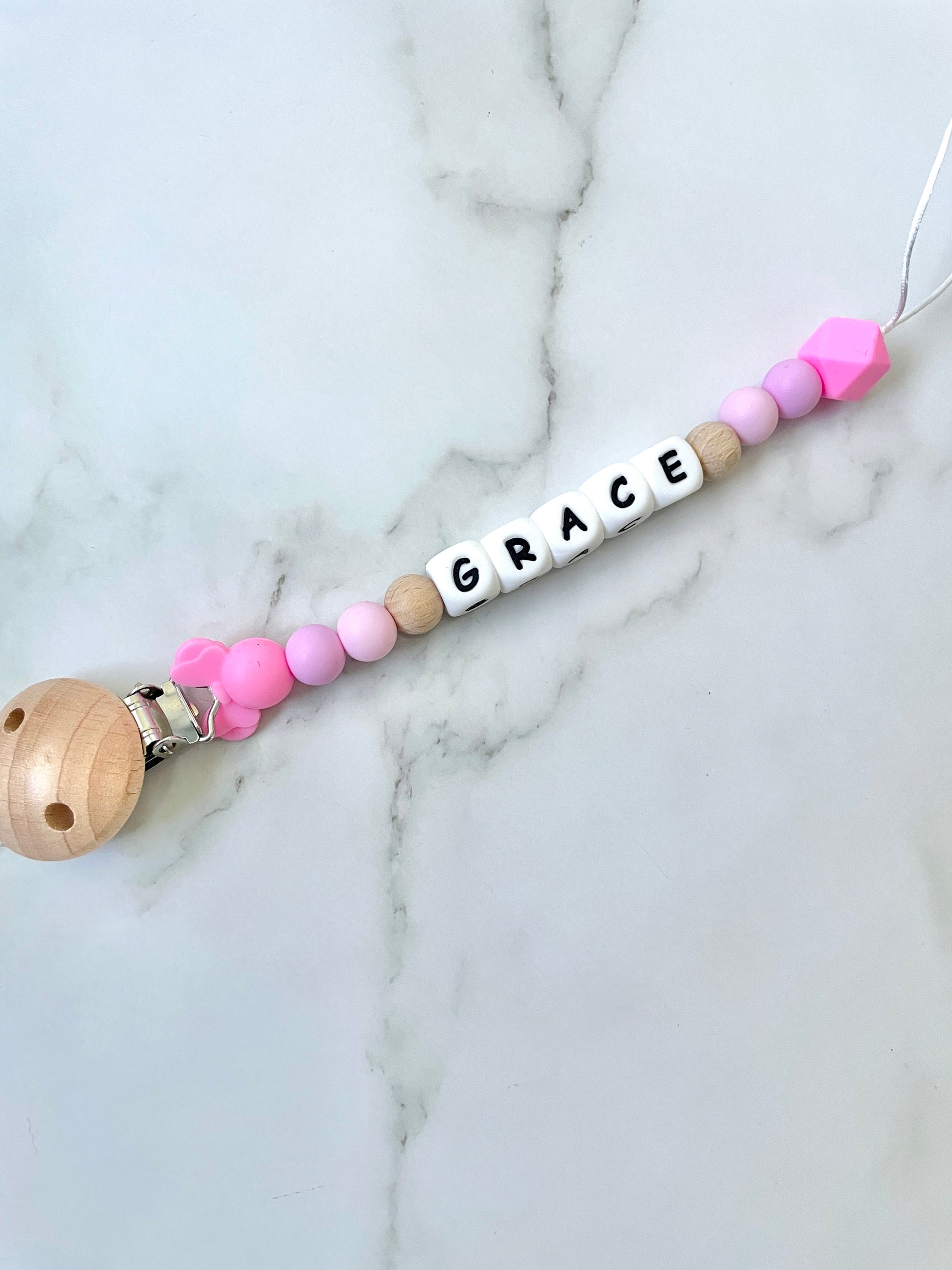 Personalised dummy chain, dummy clip, dummy holder, pink white minnie - Grace design