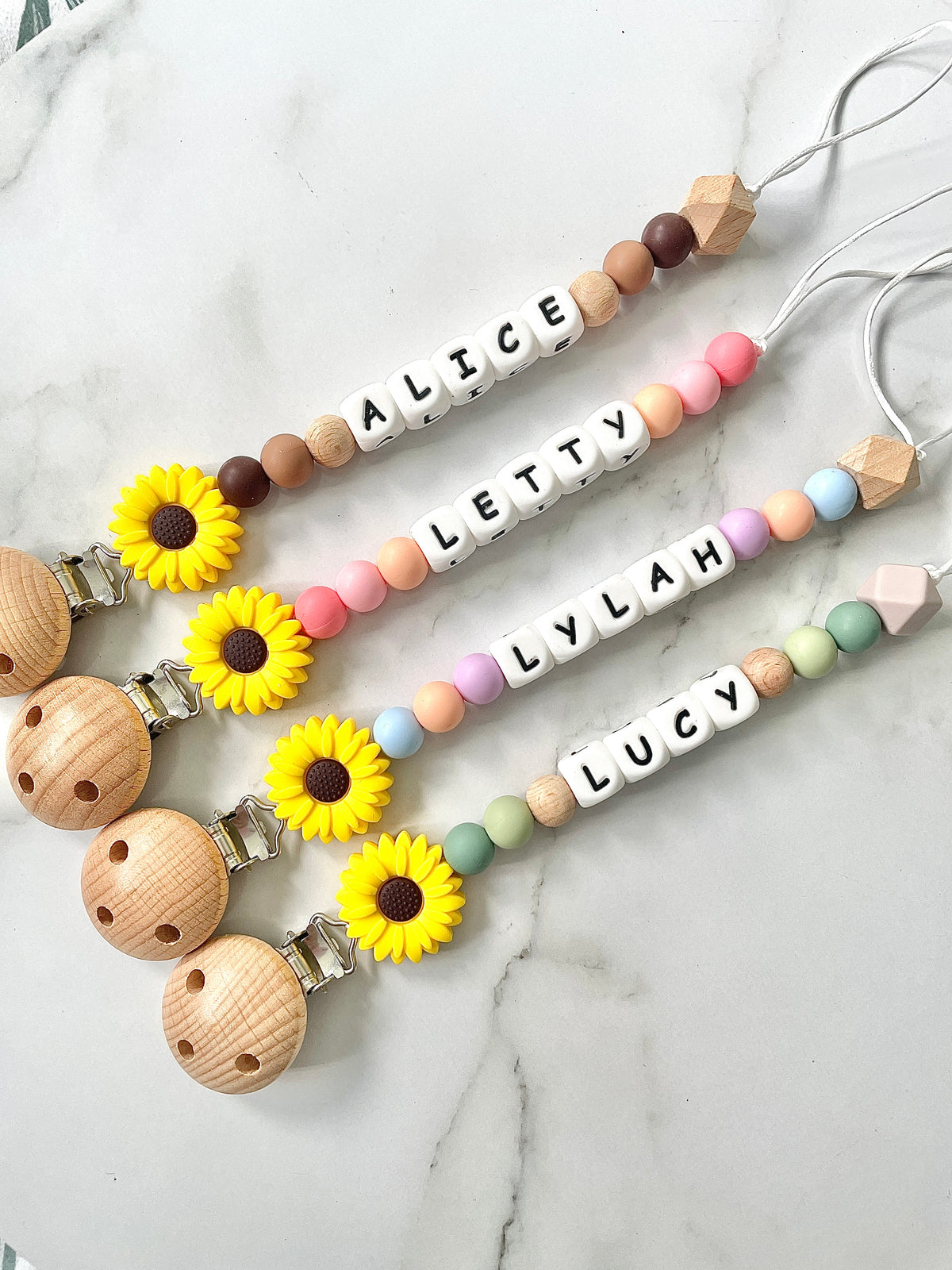 Personalised dummy chain, dummy clip, dummy holder, sunflower collection.