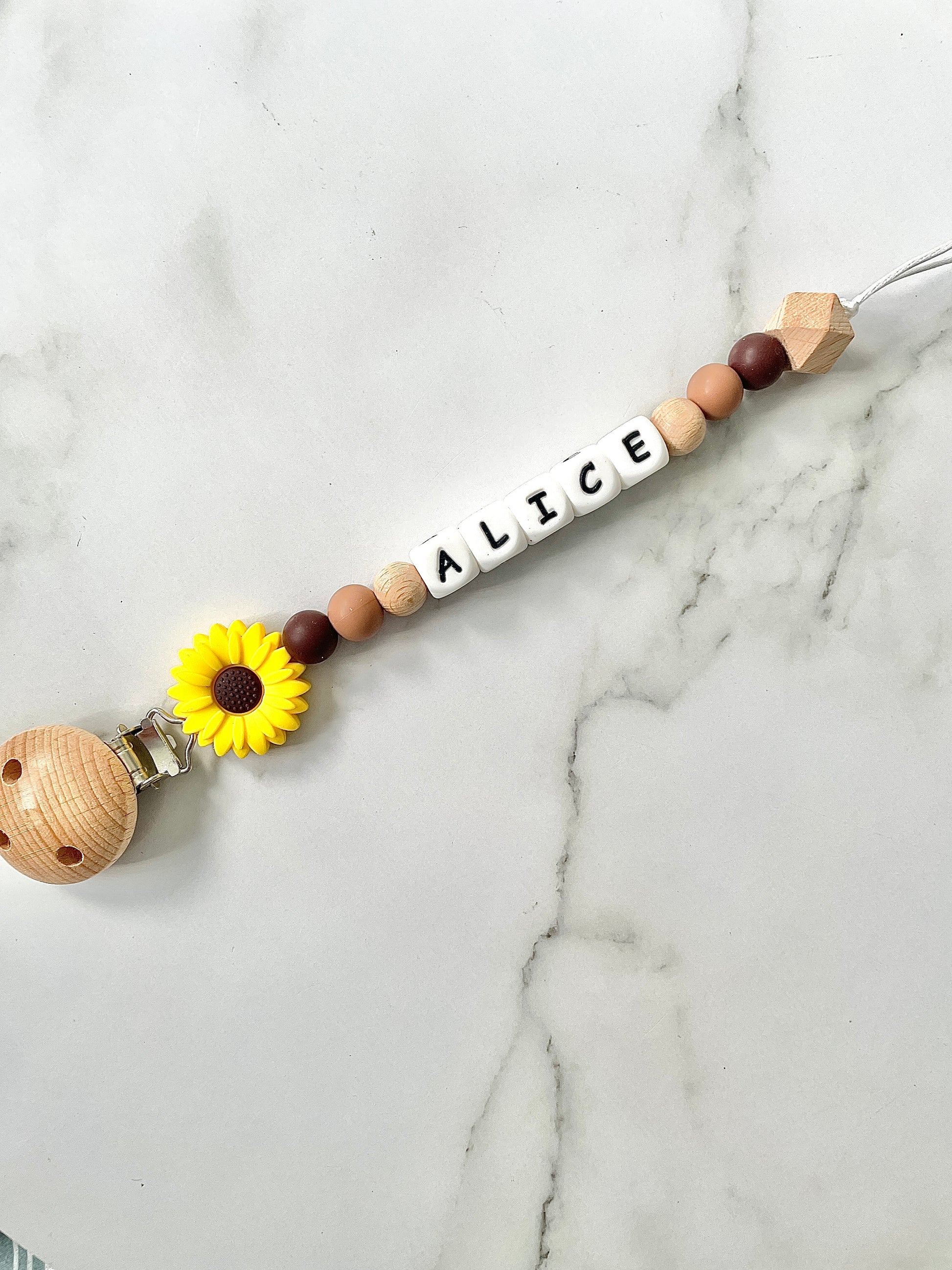 Personalised dummy chain, dummy clip, dummy holder, sunflower - Alice