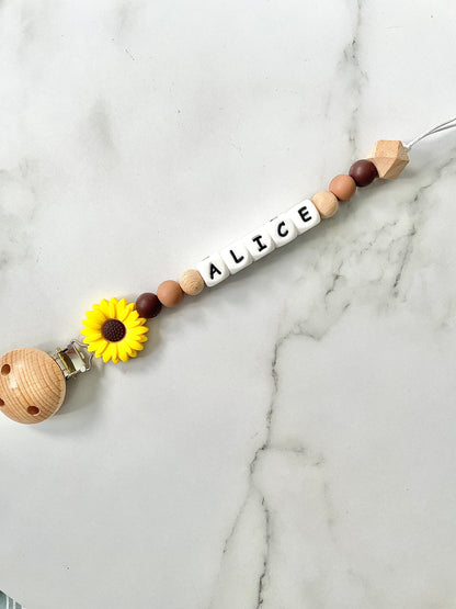 Personalised dummy chain, dummy clip, dummy holder, sunflower - Alice