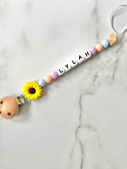 Personalised dummy chain, dummy clip, dummy holder, sunflower - Lylah