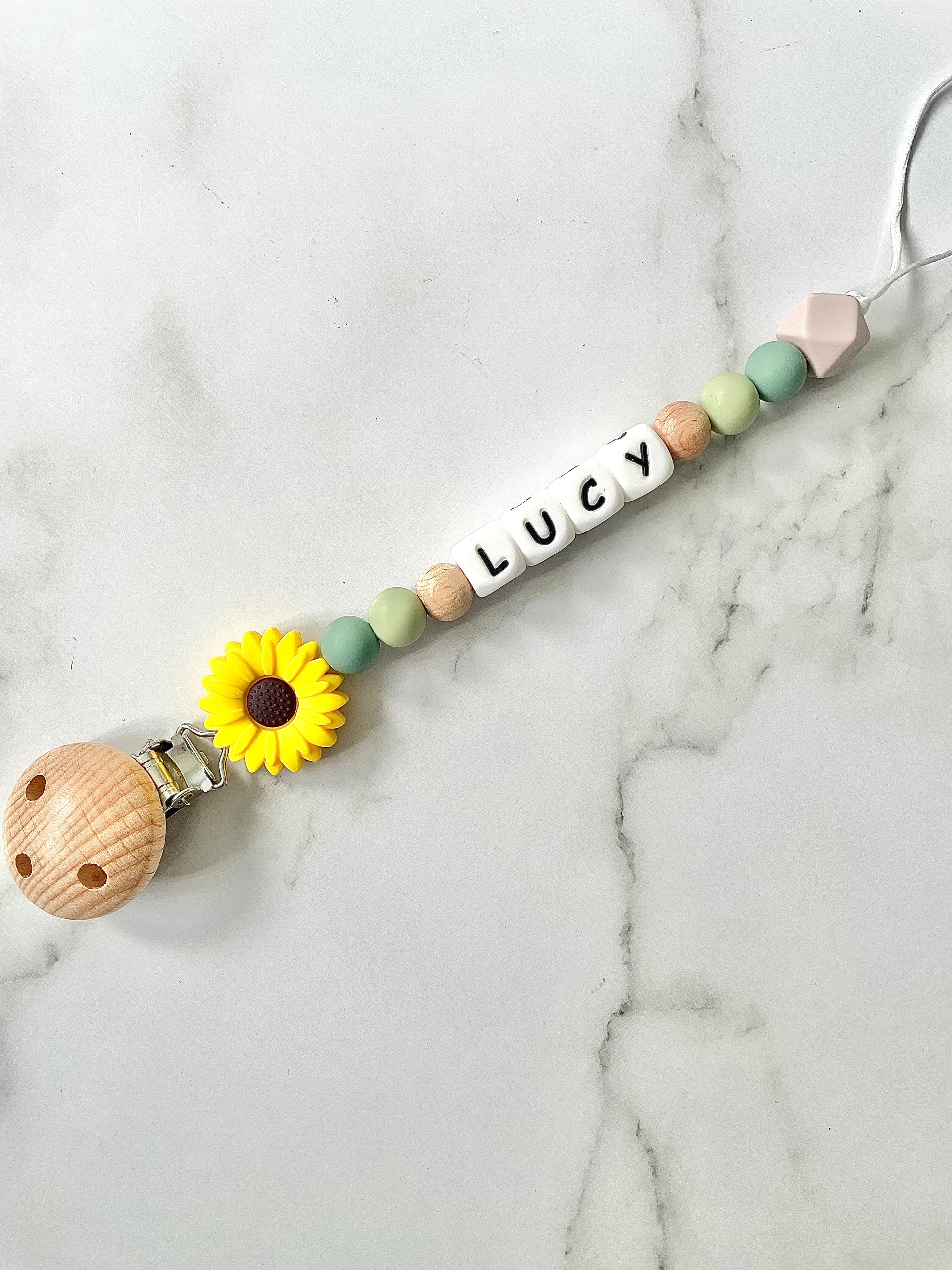 Personalised dummy chain, dummy clip, dummy holder, sunflower - Lucy