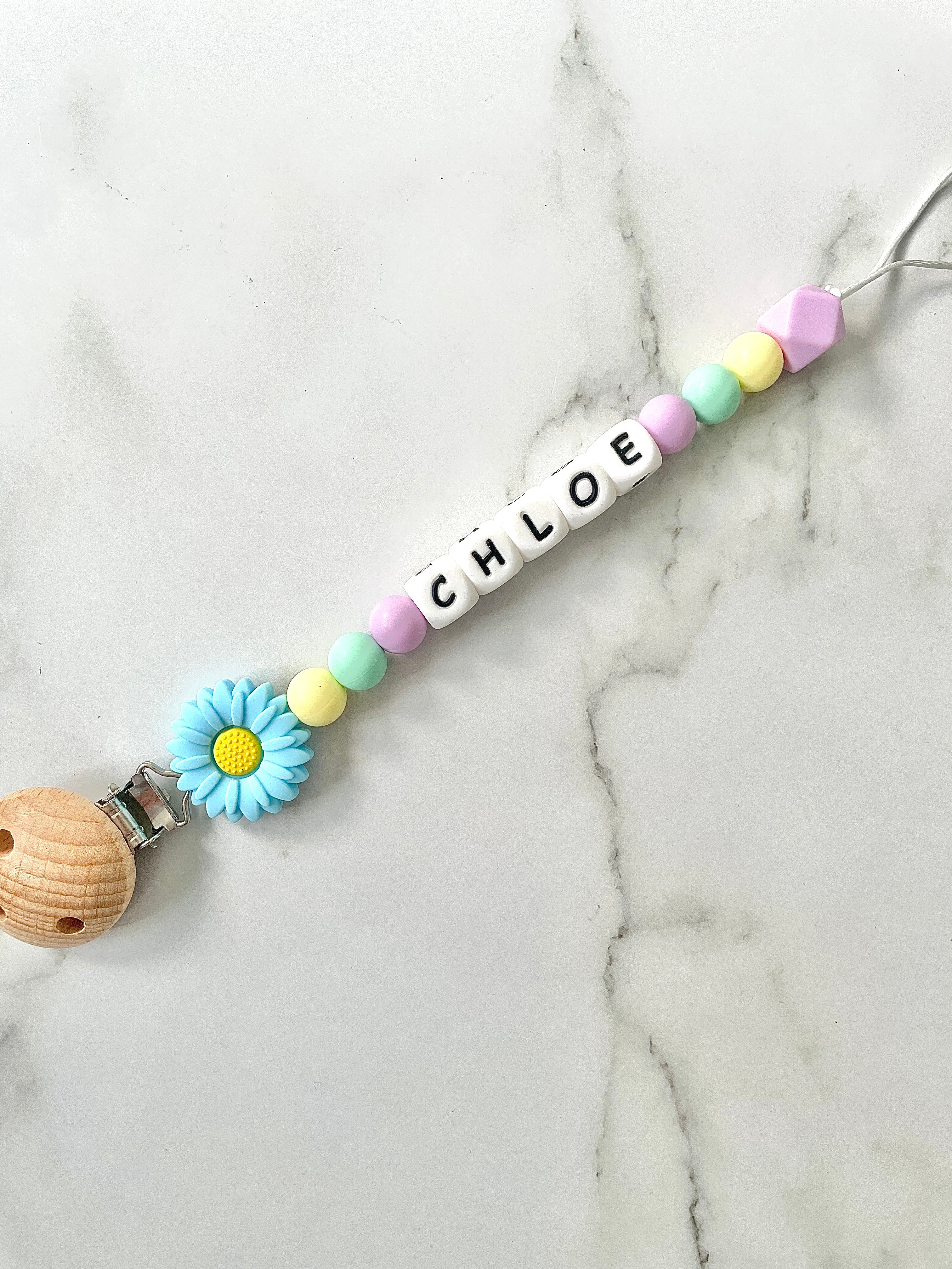 Personalised dummy chain, dummy clip, dummy holder, blue daisy - Chloe 