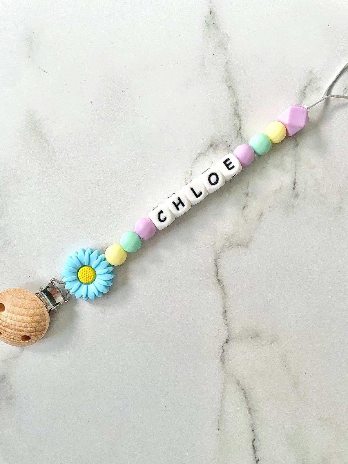 Personalised dummy chain, dummy clip, dummy holder, blue daisy - Chloe 