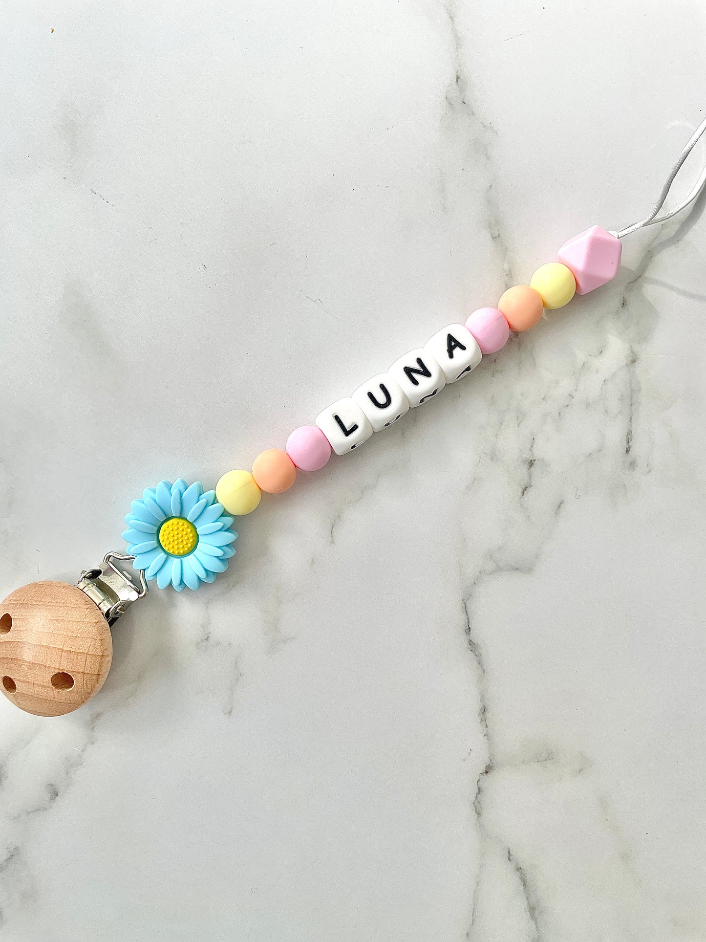 Personalised dummy chain, dummy clip, dummy holder, blue daisy - Luna