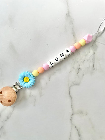 Personalised dummy chain, dummy clip, dummy holder, blue daisy - Luna
