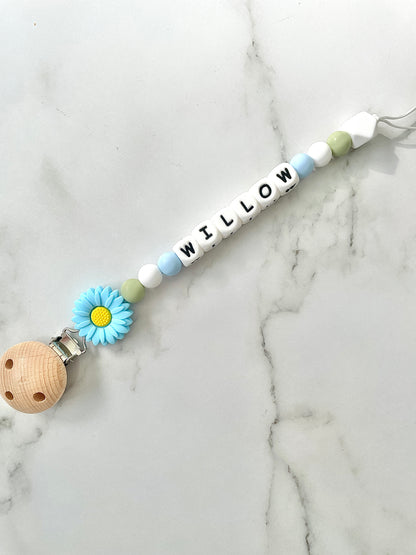 Personalised dummy chain, dummy clip, dummy holder, blue daisy - Willow