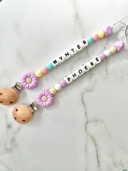 Personalised dummy chain, dummy clip, dummy holder, purple daisy collection.