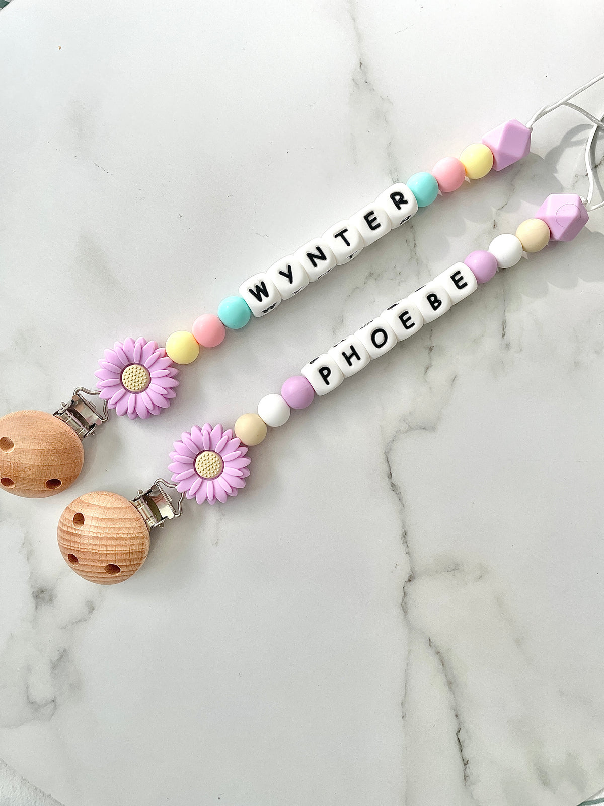 Personalised dummy chain, dummy clip, dummy holder, purple daisy collection.