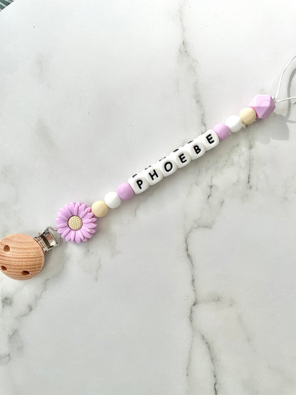Personalised dummy chain, dummy clip, dummy holder, purple daisy, Phoebe design