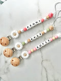 Personalised dummy chain, dummy clip, dummy holder, white beige daisym