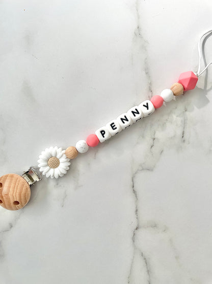 Personalised dummy chain, dummy clip, dummy holder, white daisy, Penny design.