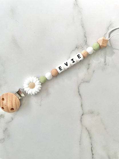 Personalised dummy chain, dummy clip, dummy holder, white daisy, Evie design.