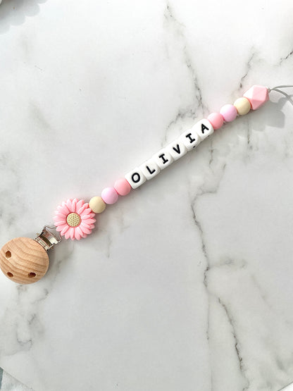 Personalised dummy chain, dummy clip, dummy holder, pink daisy, Olivia design.