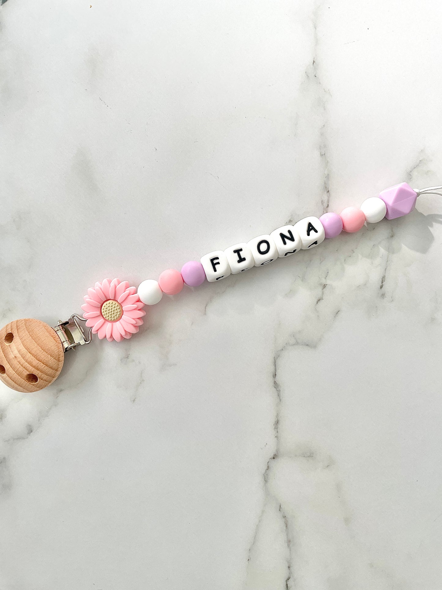 Personalised dummy chain, dummy clip, dummy holder, pink daisy, Fiona design.