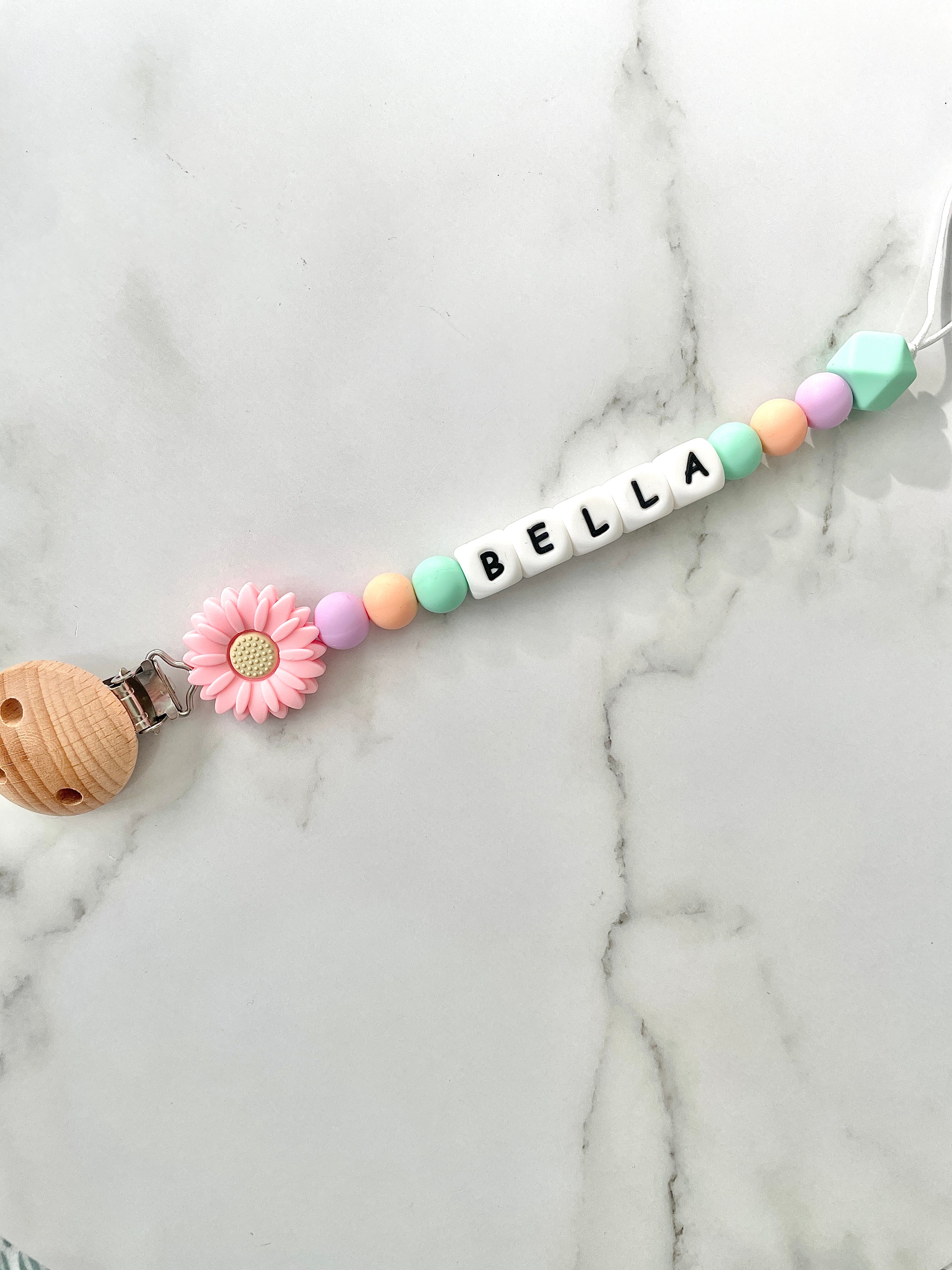 Personalised dummy chain, dummy clip, dummy holder, pink daisy, Bella design.