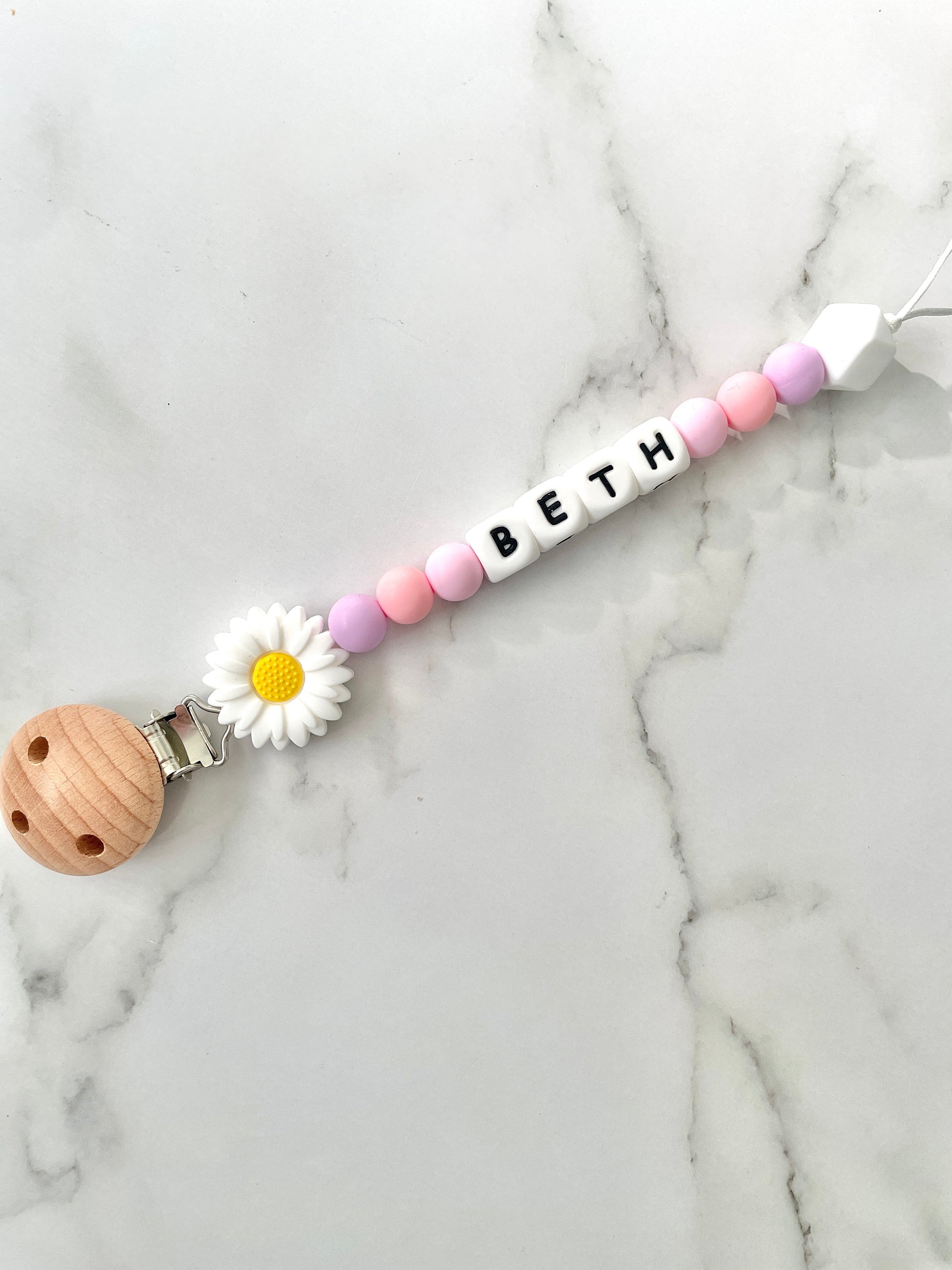 Personalised dummy chain, dummy clip, dummy holder, white daisy, Beth design.