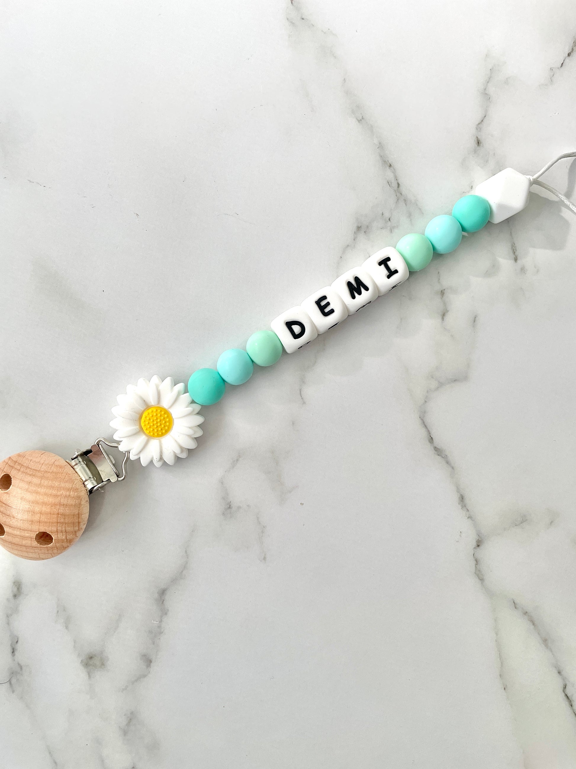 Personalised dummy chain, dummy clip, dummy holder, white daisy, Demi design.