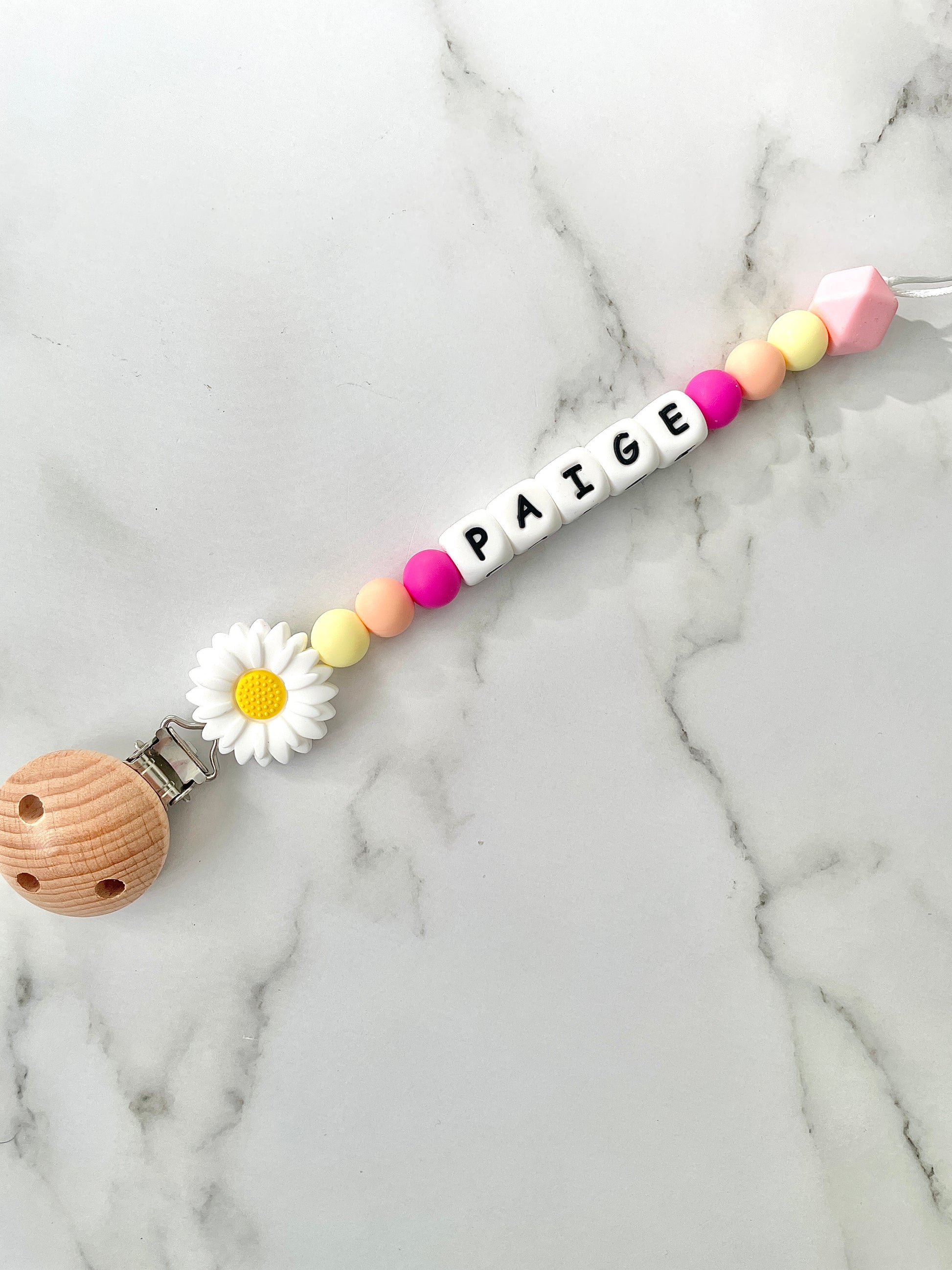 Personalised dummy chain, dummy clip, dummy holder, white daisy, Paige design.