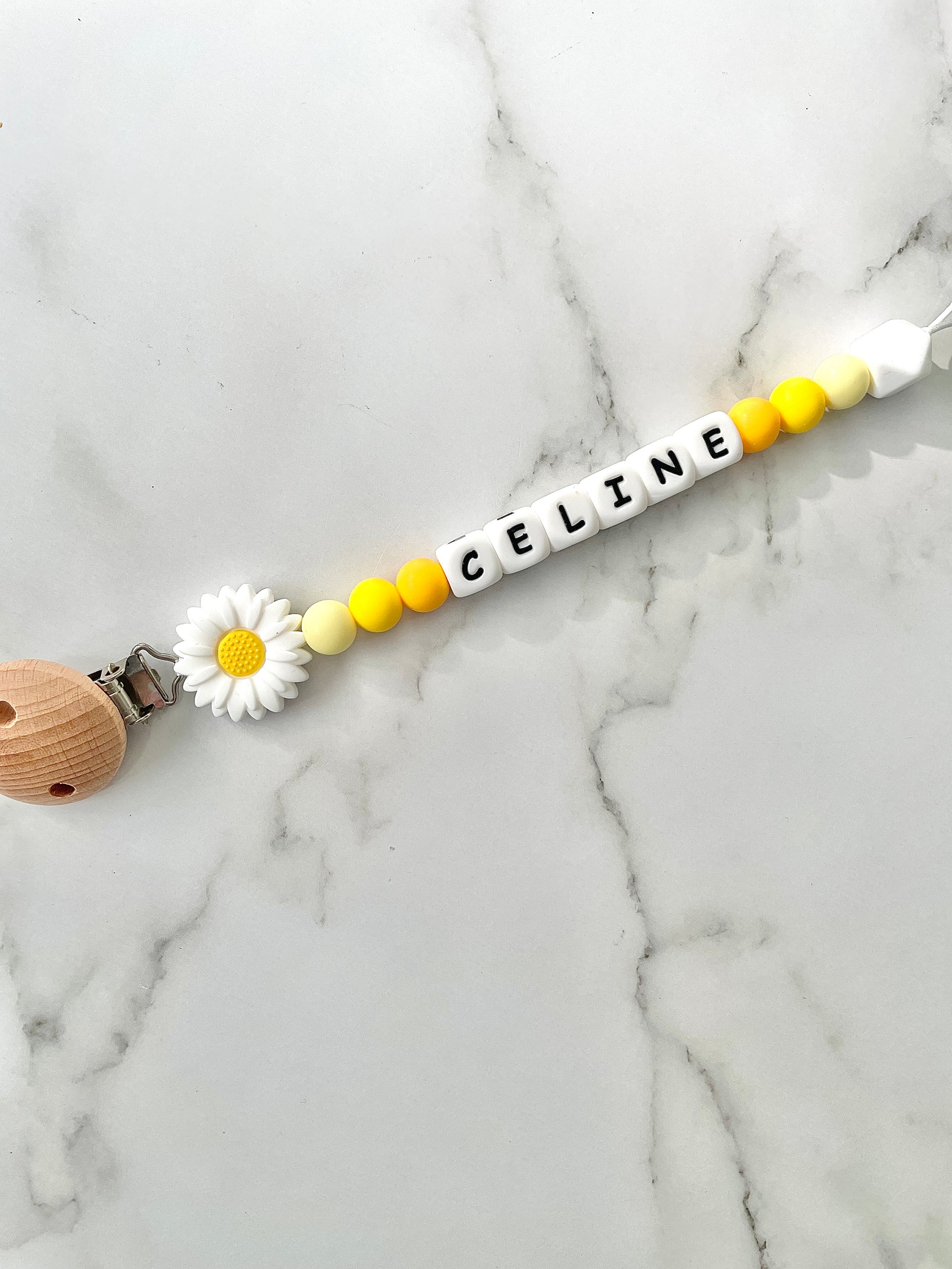 Personalised dummy chain, dummy clip, dummy holder, white daisy, Celine design.