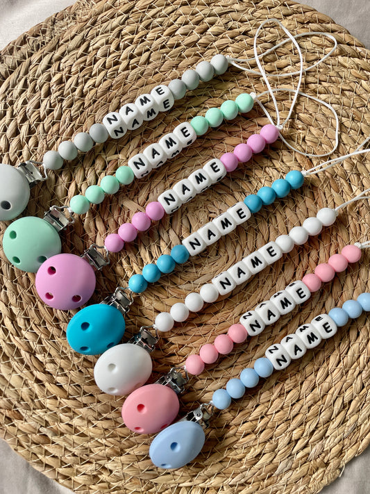 Personalised dummy chain, silicone beaded dummy clip, dummy holder - all colours