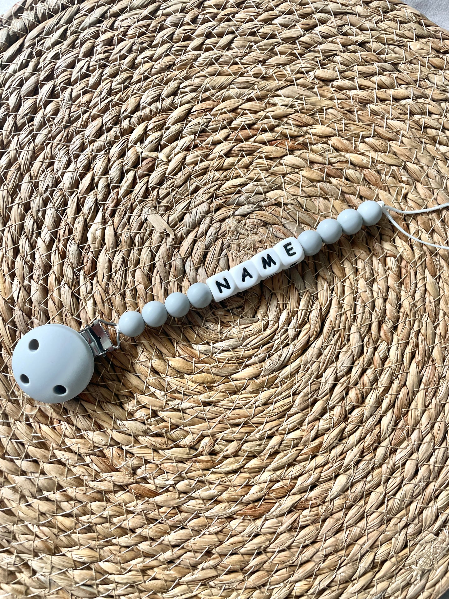 Personalised dummy chain, silicone beaded dummy clip, dummy holder - Grey.