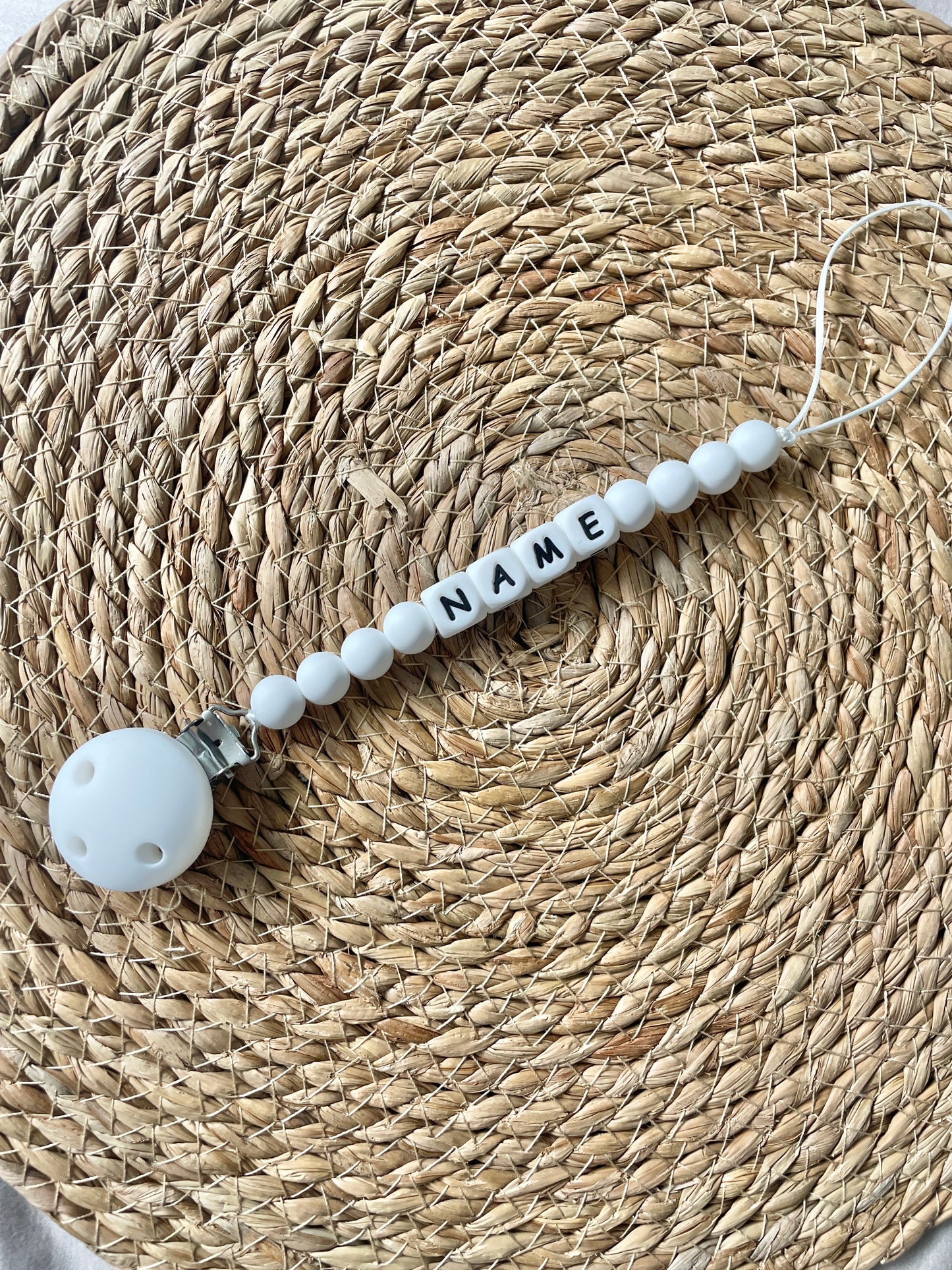 Personalised dummy chain, silicone beaded dummy clip, dummy holder - White.