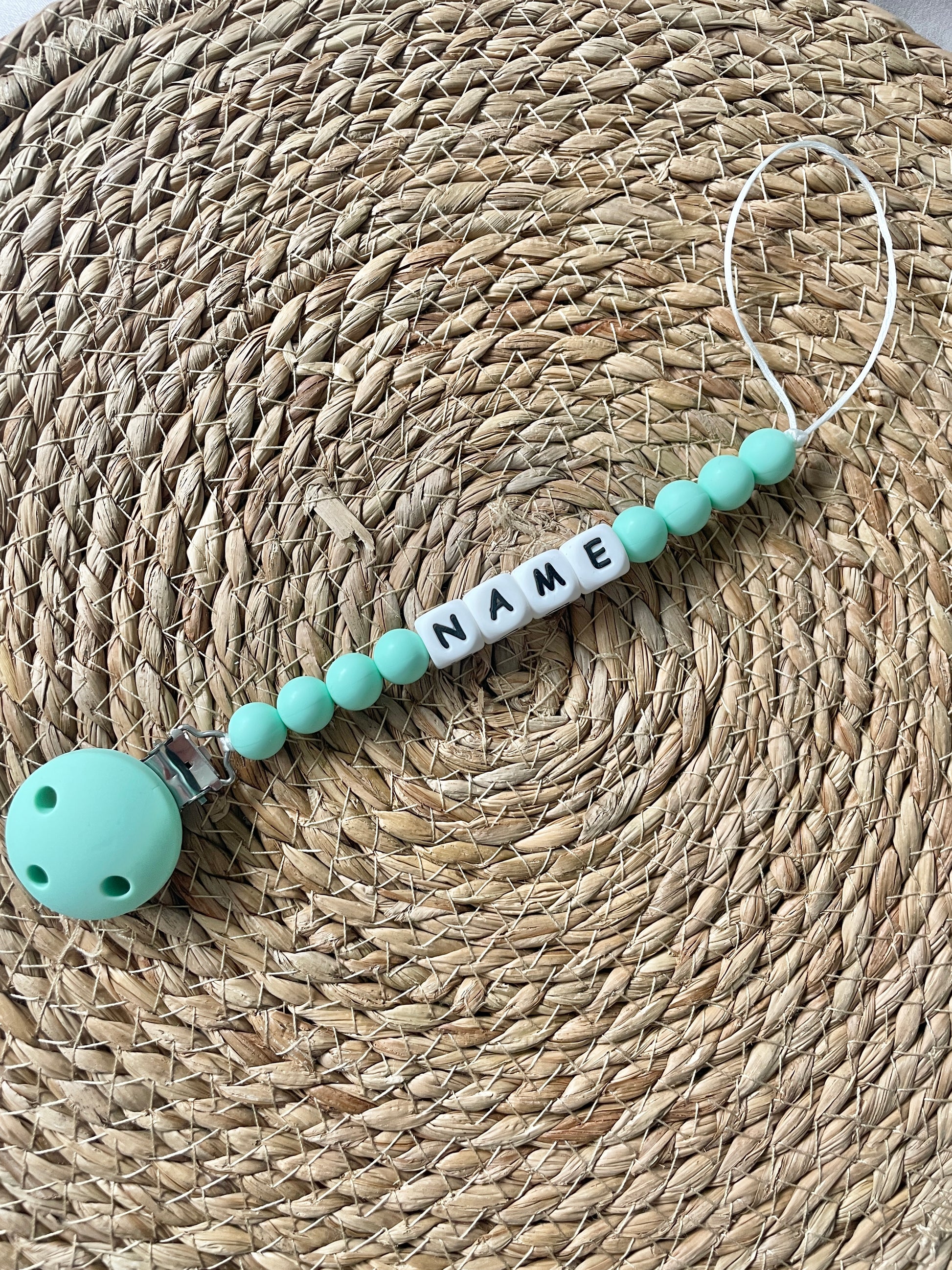 Personalised dummy chain, silicone beaded dummy clip, dummy holder - Mint green.