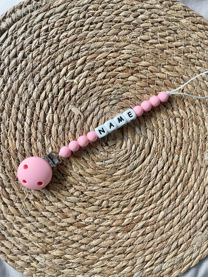 Personalised dummy chain, silicone beaded dummy clip, dummy holder - Candy pink.
