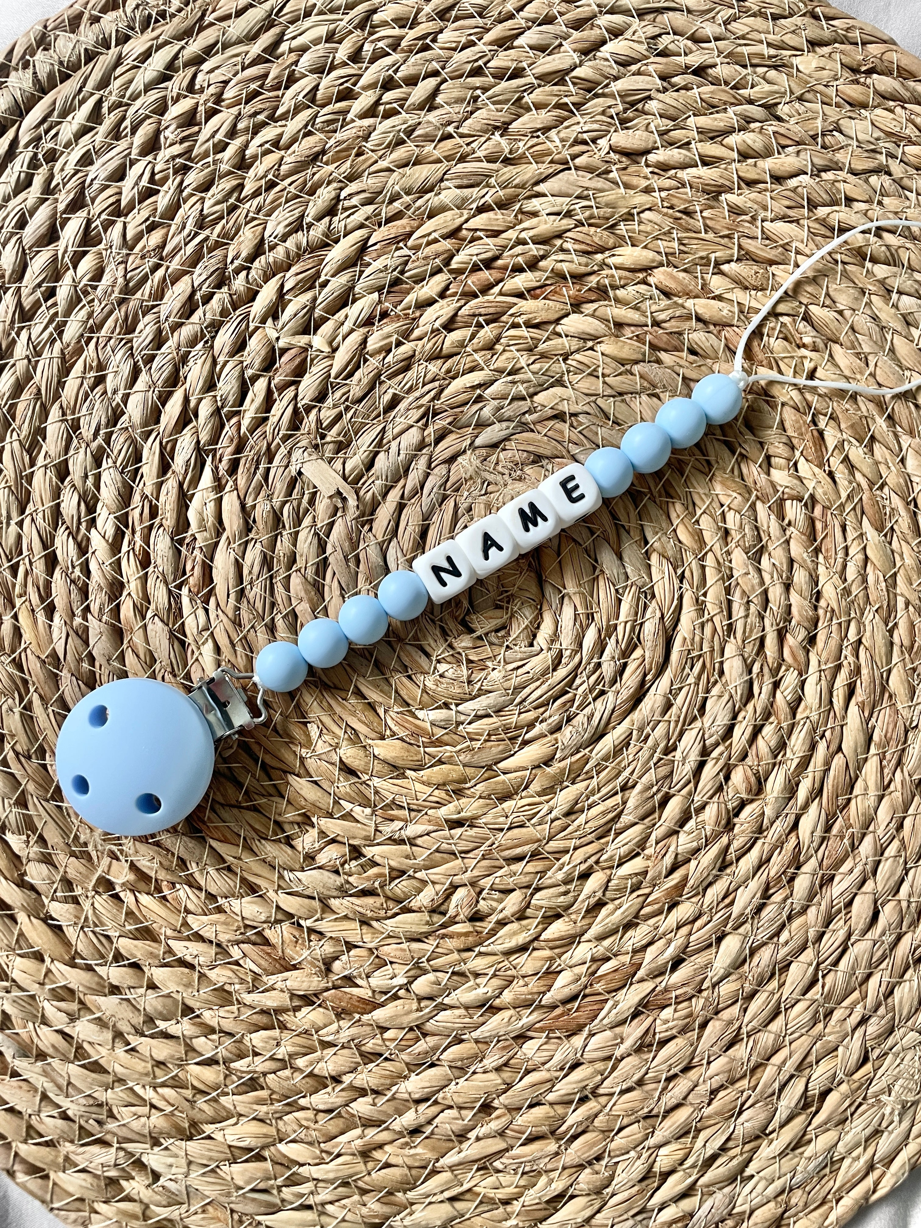Personalised dummy chain, silicone beaded dummy clip, dummy holder - Baby blue.