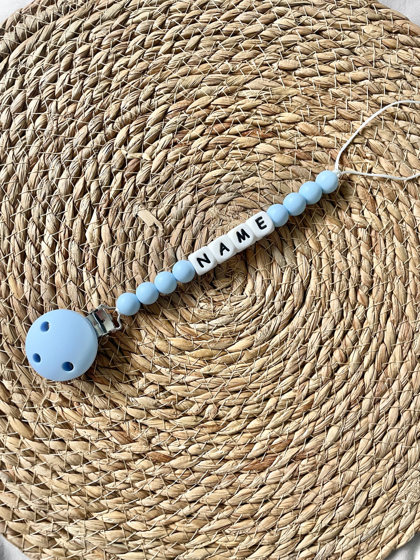 Personalised dummy chain, silicone beaded dummy clip, dummy holder - Baby blue.
