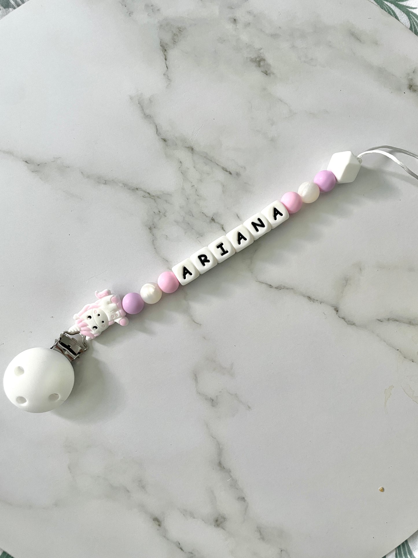 Personalised dummy chain, dummy clip, dummy holder, unicorn, Ariana design.