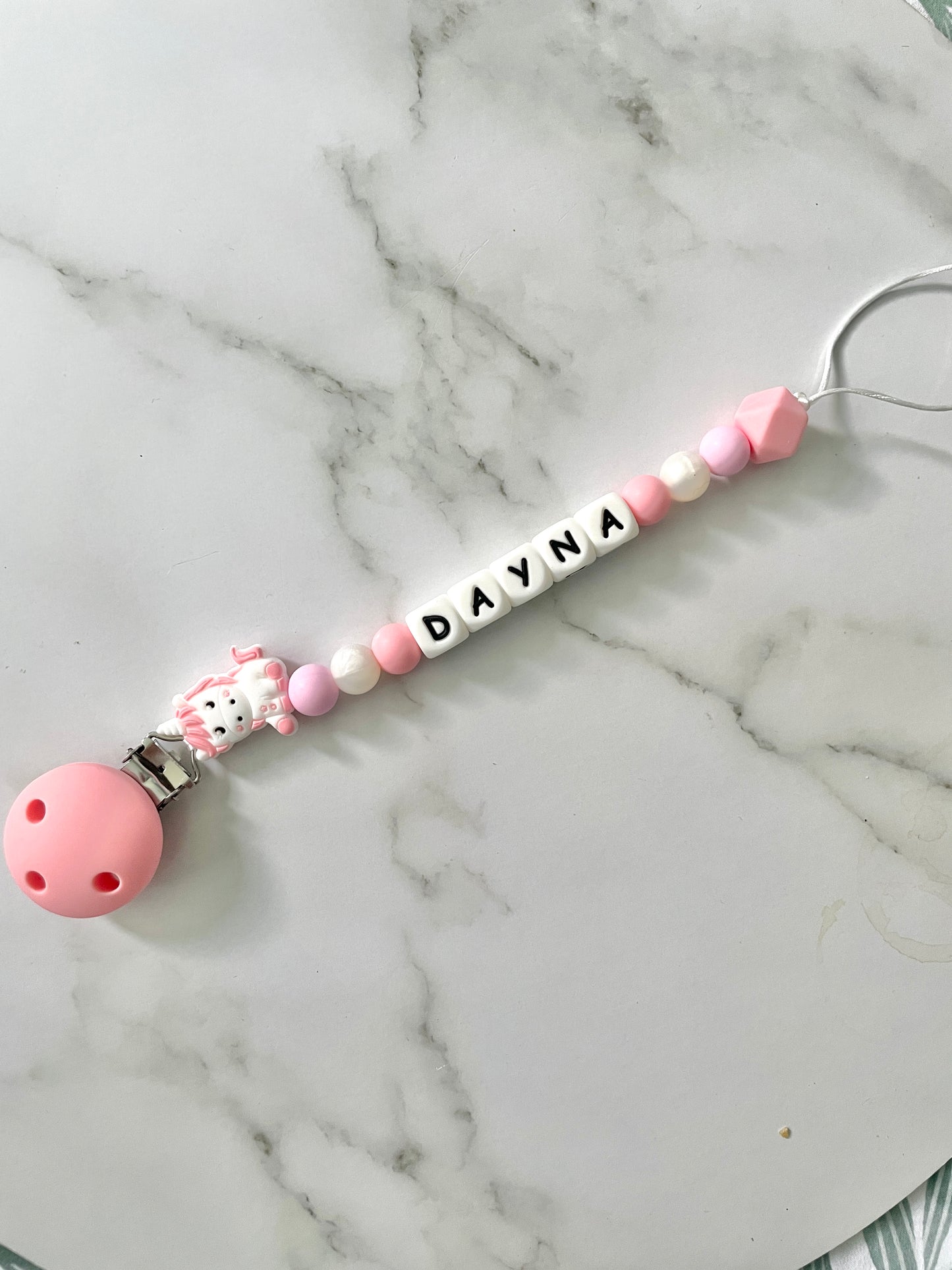 Personalised dummy chain, dummy clip, dummy holder, unicorn, Dayna design.