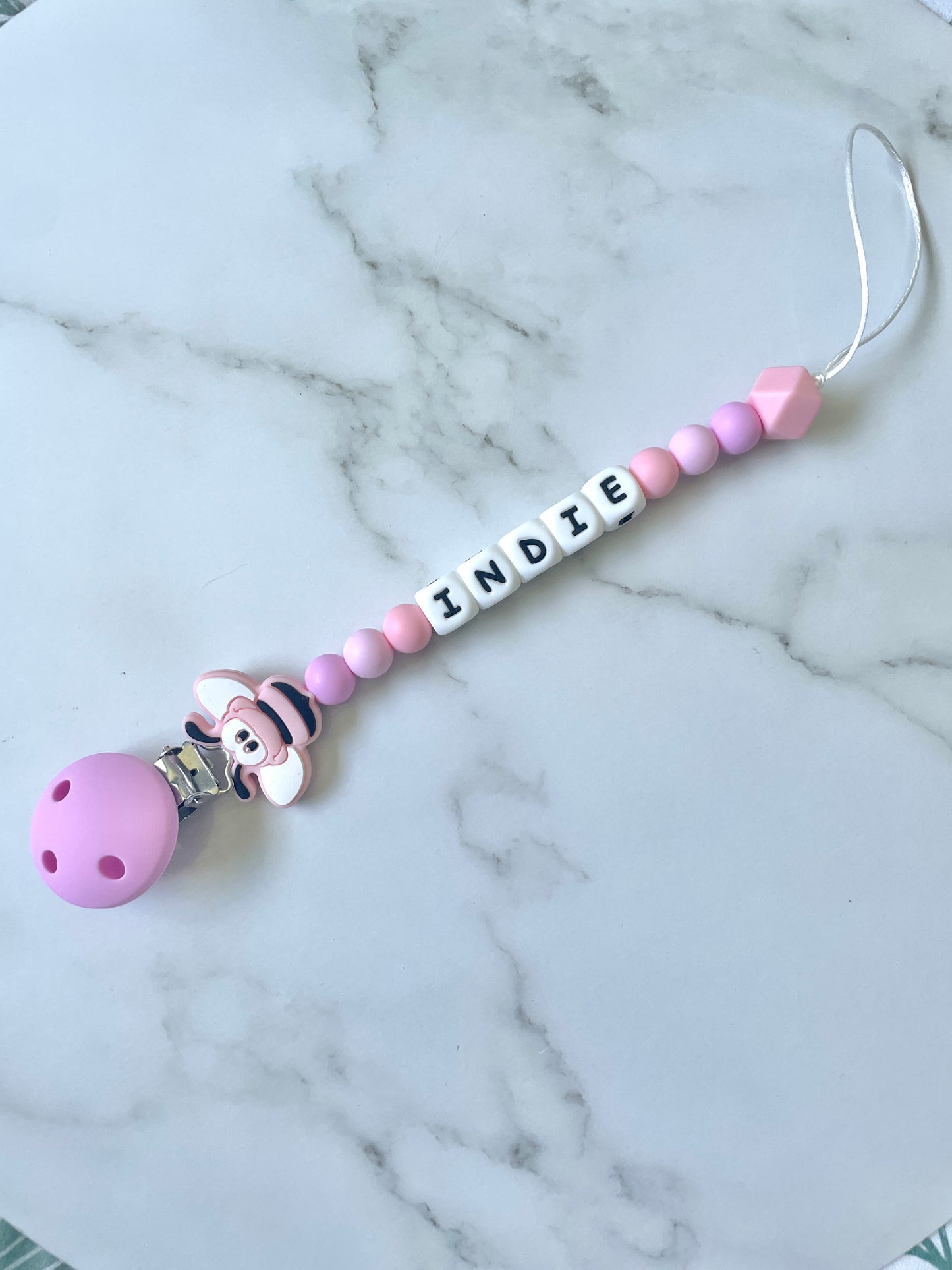 Personalised dummy chain, dummy clip, dummy holder, pink bee, Indie design.