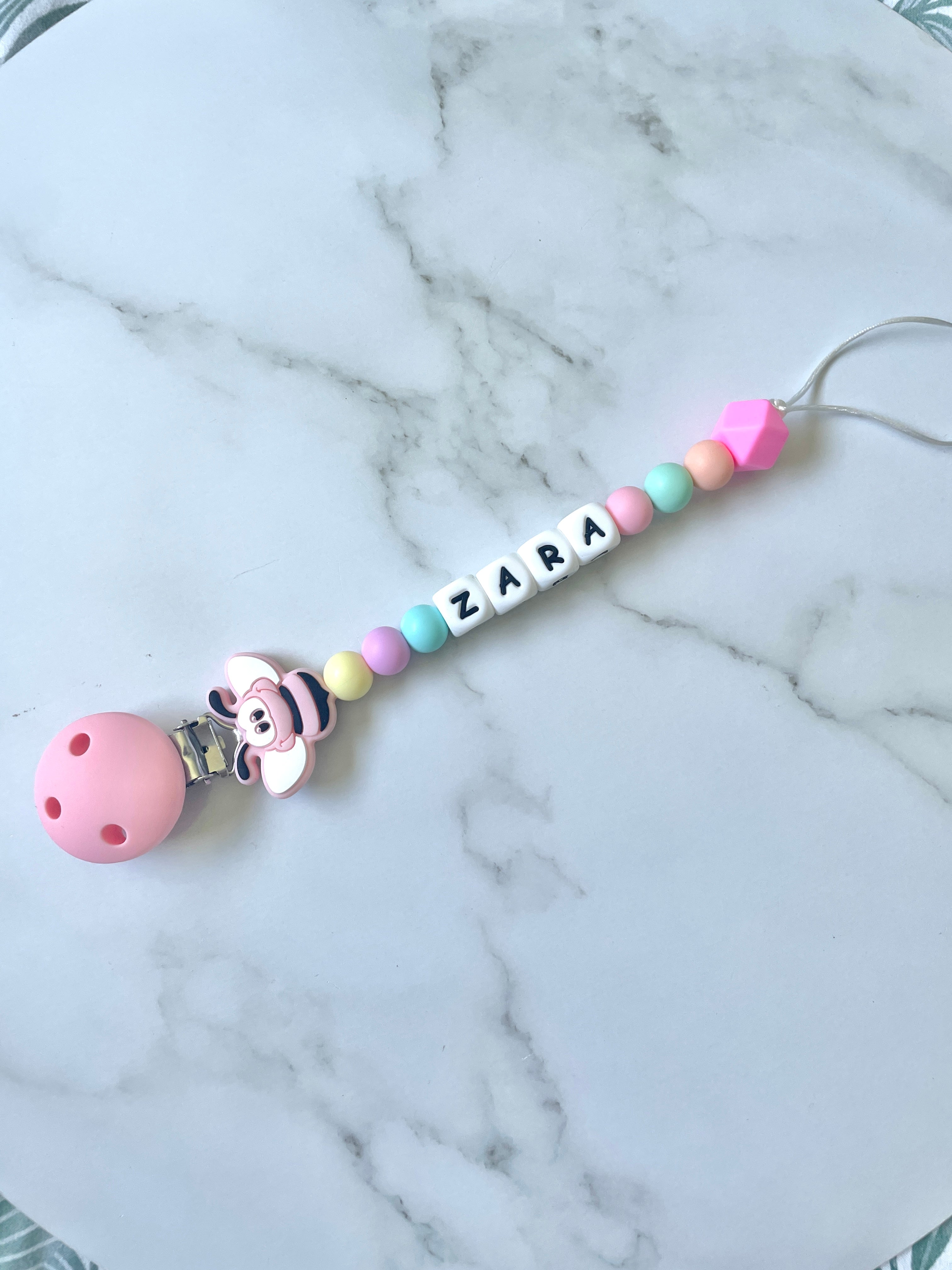 Personalised dummy chain, dummy clip, dummy holder, pink bee, Zara design.