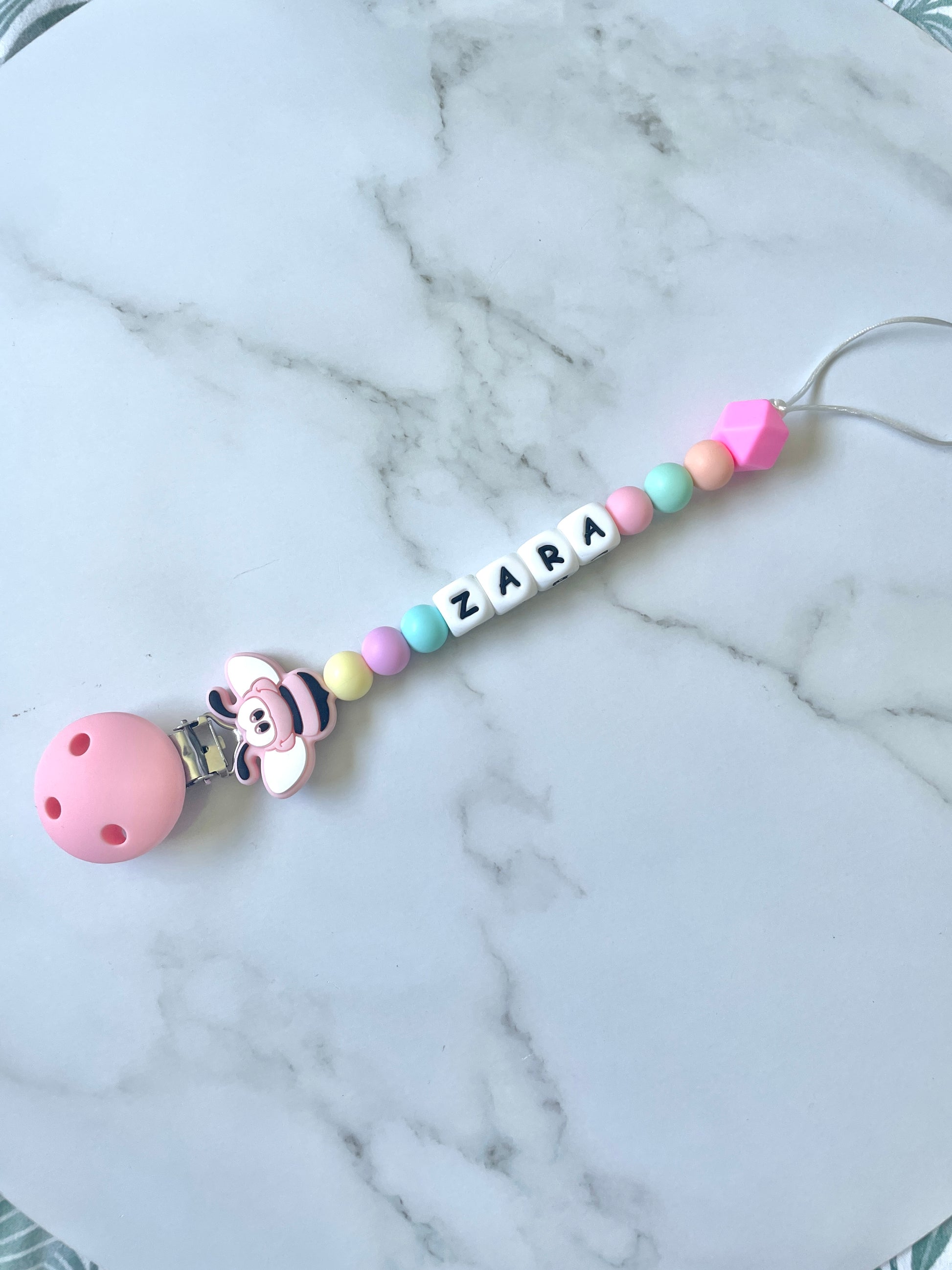 Personalised dummy chain, dummy clip, dummy holder, pink bee, Zara design.