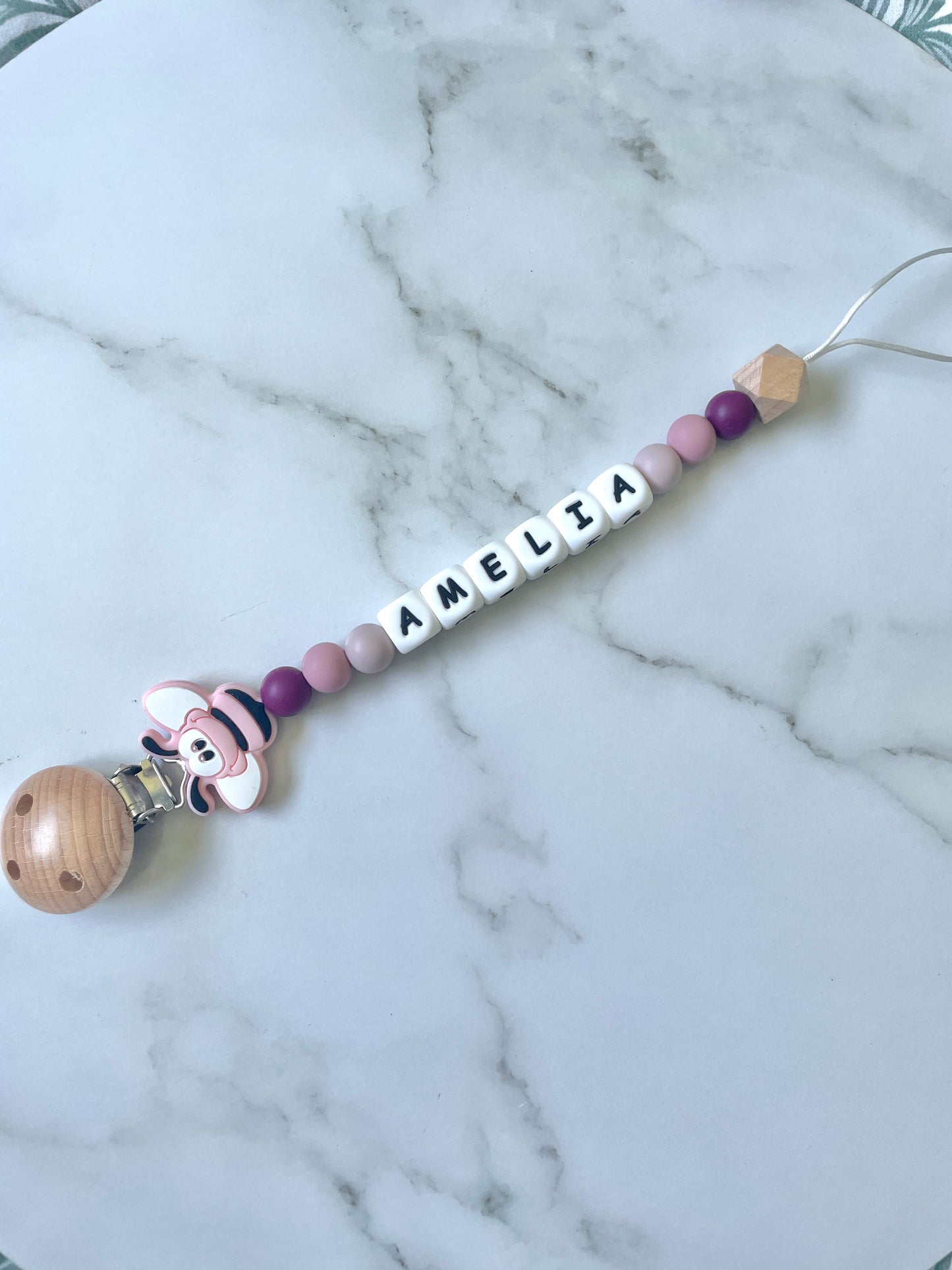 Personalised dummy chain, dummy clip, dummy holder, pink bee, Amelia design.
