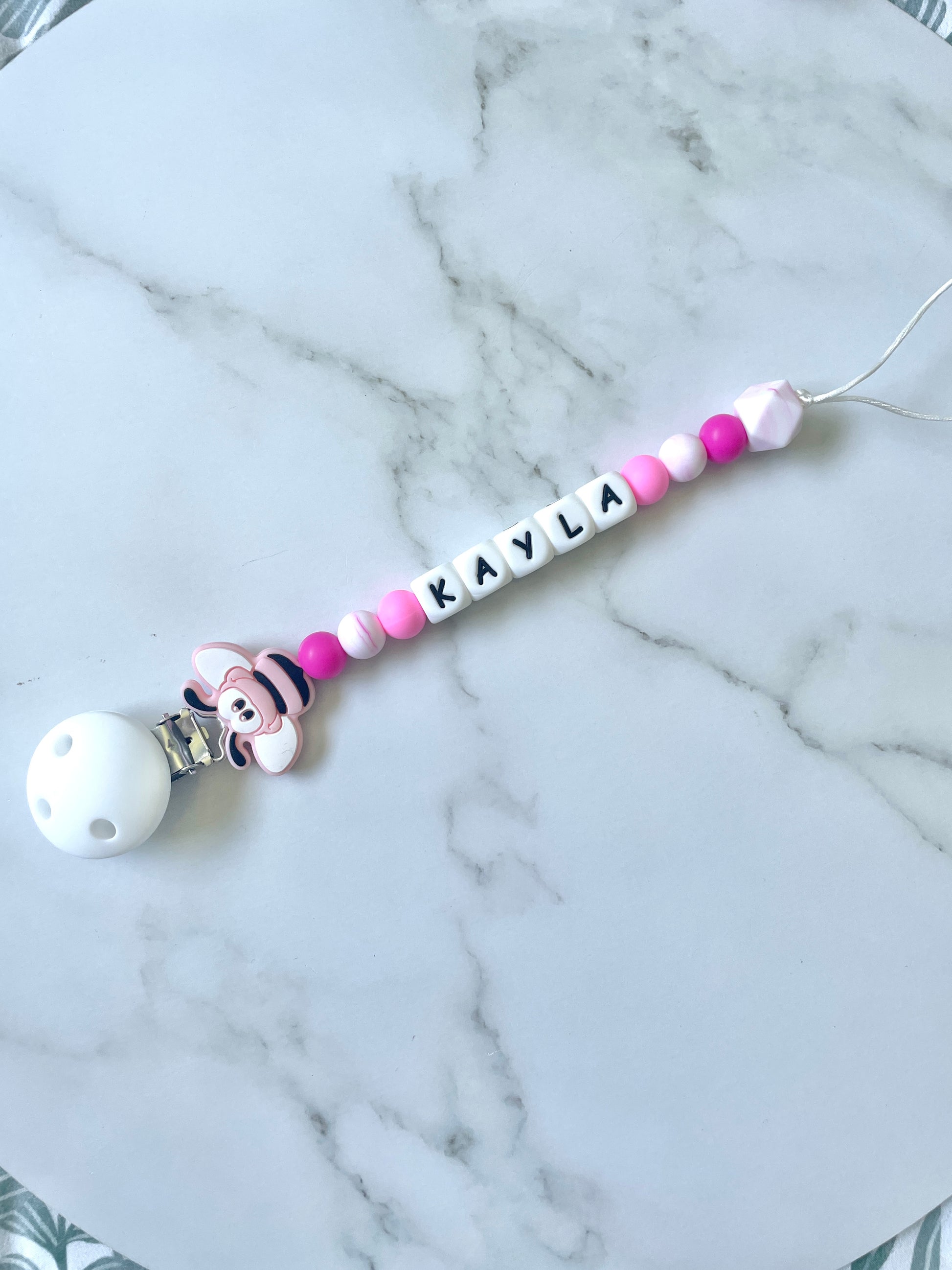 Personalised dummy chain, dummy clip, dummy holder, pink bee, Kayla design.